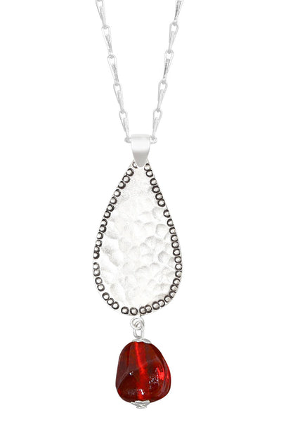 Red Murano Glass & Hammered Teardrop Pendant Necklace - SF