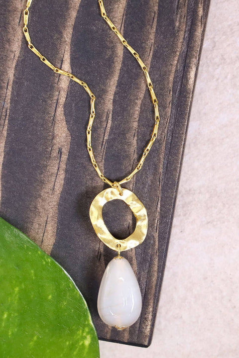 White Murano Glass & Hammered Hoop Pendant Necklace - GF