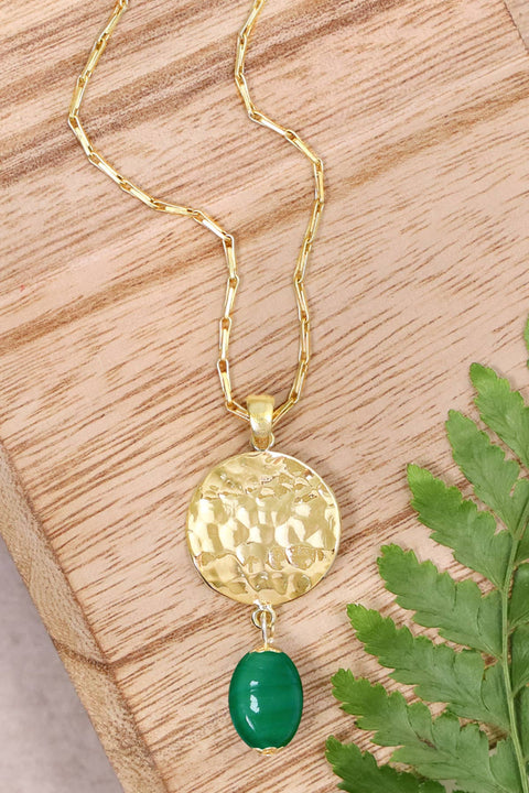 Green Murano Glass & Hammered Disc Pendant Necklace - GF