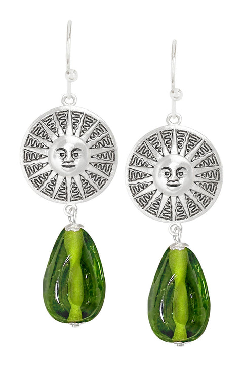 Peridot Murano Glass & Aztec Sun Drop Earrings - SF