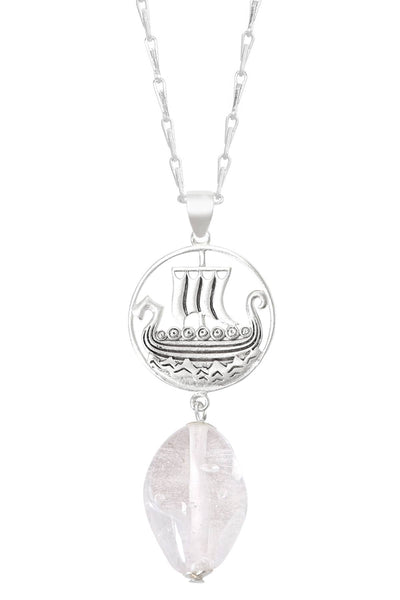 Clear Murano Glass & Viking Ship Pendant Necklace - SF