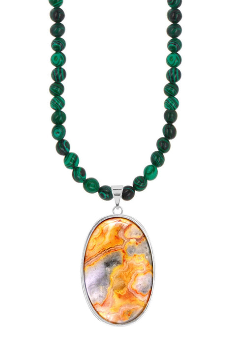 Malachite Beads Necklace With Crazy Lace Agate Pendant - SF