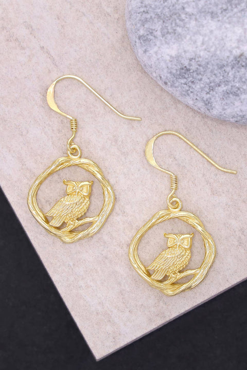 14k Gold Plated Owl Drop Earrings - GF