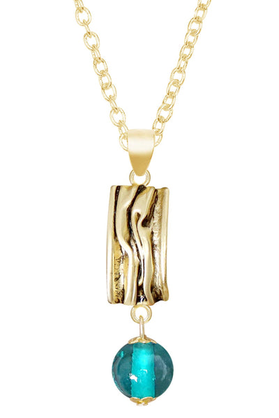 Teal Murano Glass & Textured Rectangle Pendant Necklace - GF