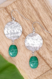 Green Murano Glass & Hammered Disc Drop Earrings - SF