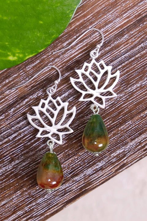 Mixed Jasper & Lotus Drop Earrings - SF