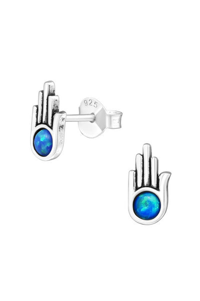 Sterling Silver Hamsa Ear Studs With Opal - SS