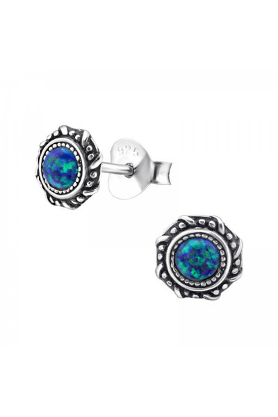 Sterling Silver Round Ear Studs With Opal - SS