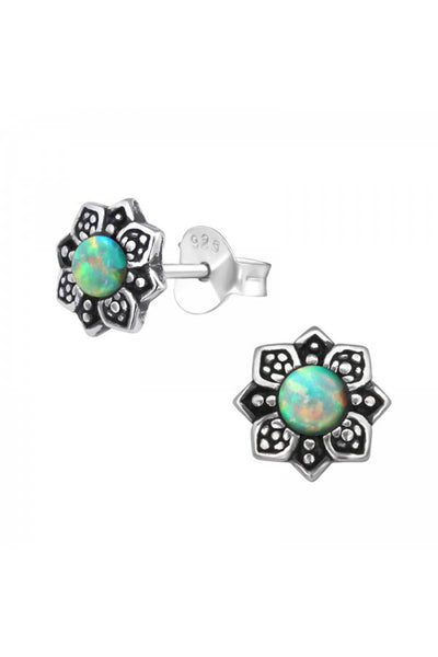 Sterling Silver Flower Ear Studs With Opal - SS