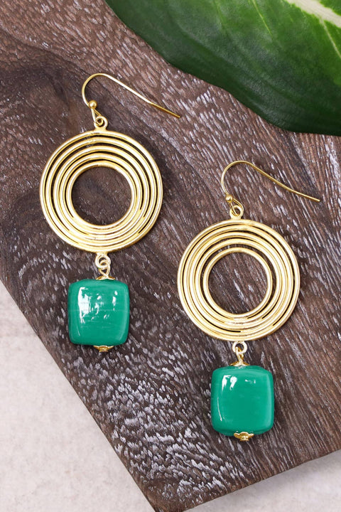 Green Murano Glass & Swirl Disc Drop Earrings - GF