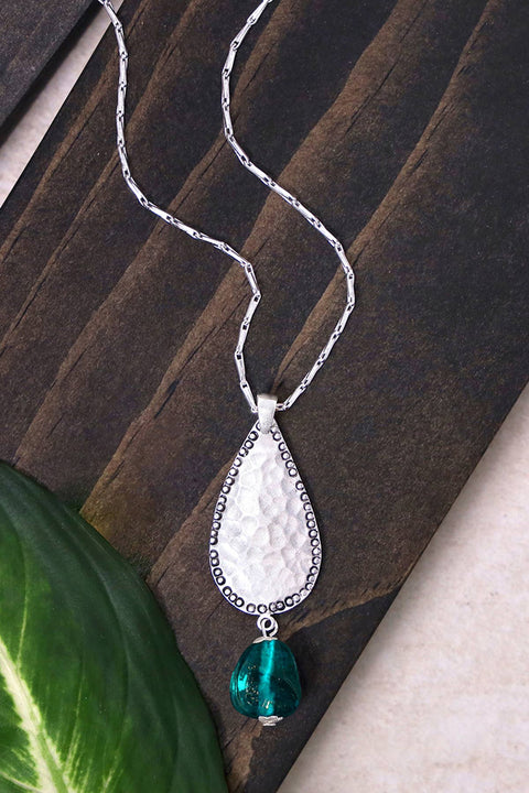 Teal Murano Glass & Hammered Teardrop Pendant Necklace - SF