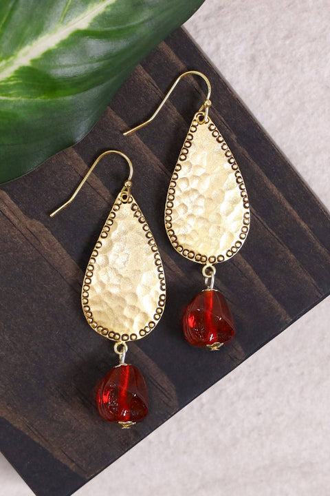 Red Murano Glass & Hammered Teardrop Earrings - GF