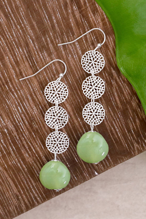 Green Murano Glass & Daisy Disc Drop Earrings - SF