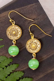 Green Murano Glass & Mandala Disc Drop Earrings - GF