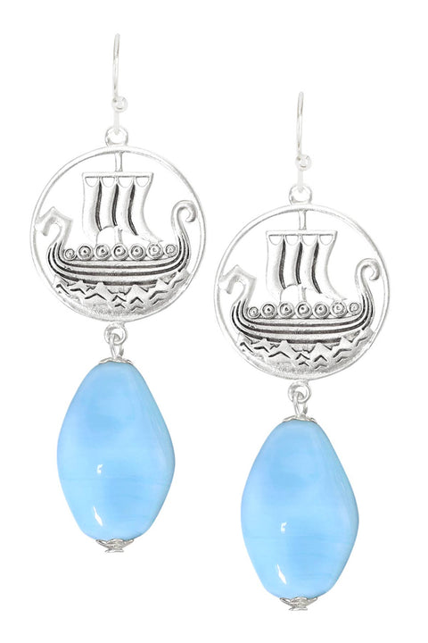 Blue Murano Glass & Viking Ship Drop Earrings - SF