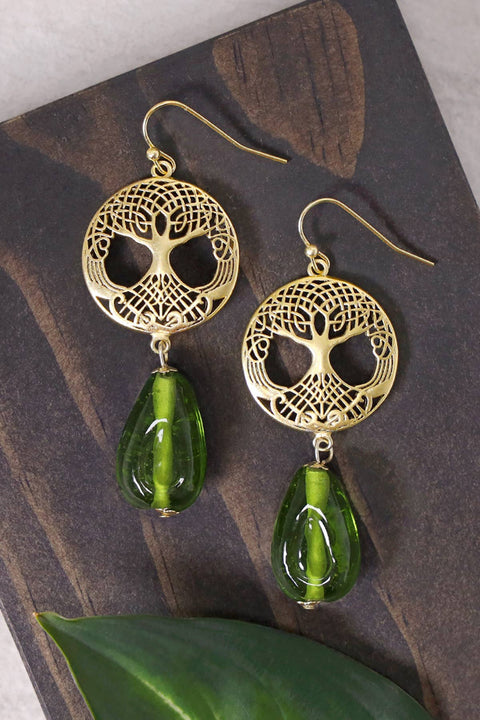 Peridot Murano Glass & Tree Of Life Drop Earrings - GF