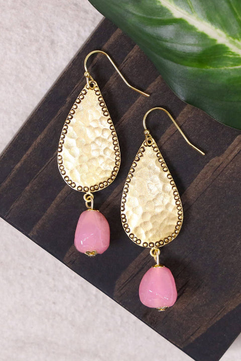 Pink Murano Glass & Hammered Teardrop Earrings - GF