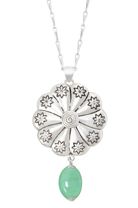 Green Murano Glass & Hammered Floral Disc Necklace - SF