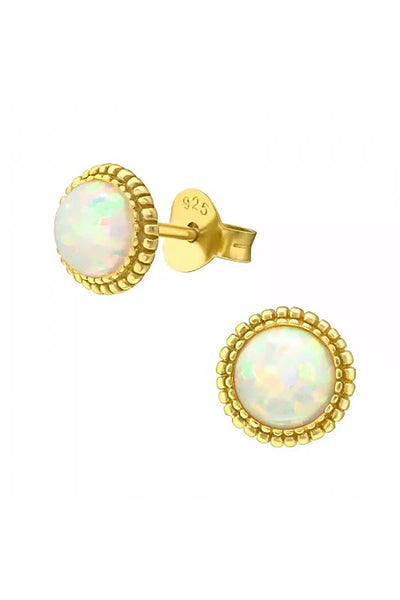 Sterling Silver Round Ear Studs With Synthetic Opal - VM