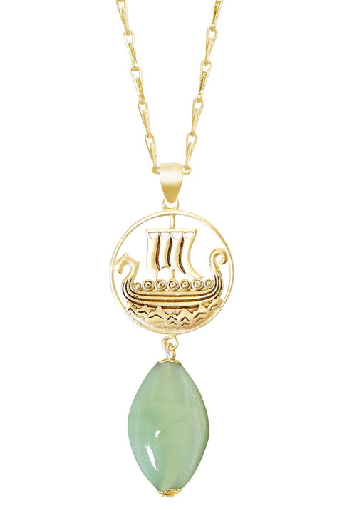 Green Murano Glass & Viking Ship Pendant Necklace - GF