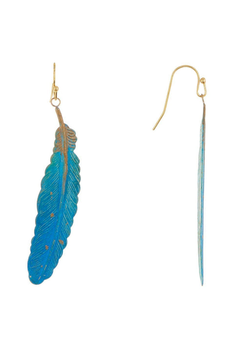 Blue Patina Over Brass Feather Earrings - BR