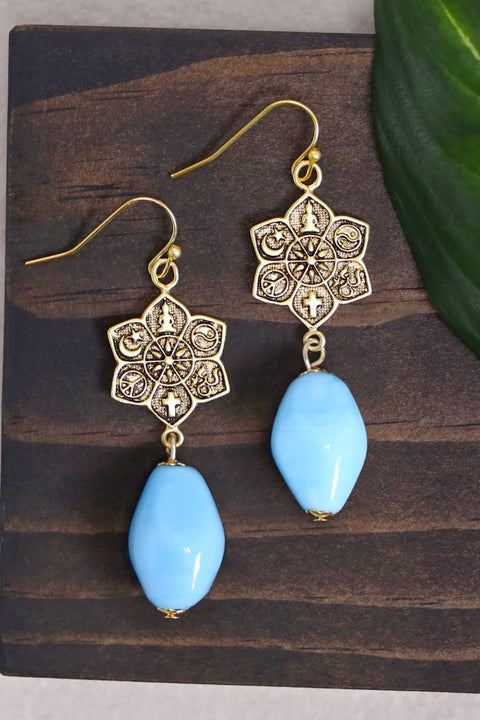 Blue Murano Glass & Coexist Harmony Lotus Drop Earrings - GF