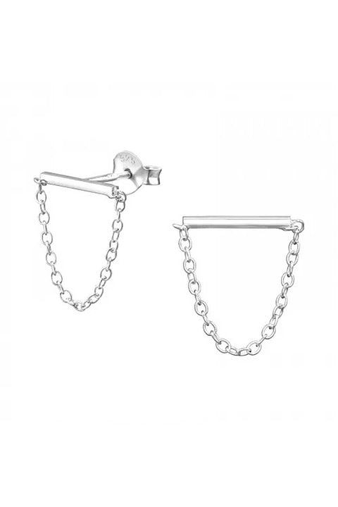 Sterling Silver Bar With Hanging Chain Ear Studs - SS