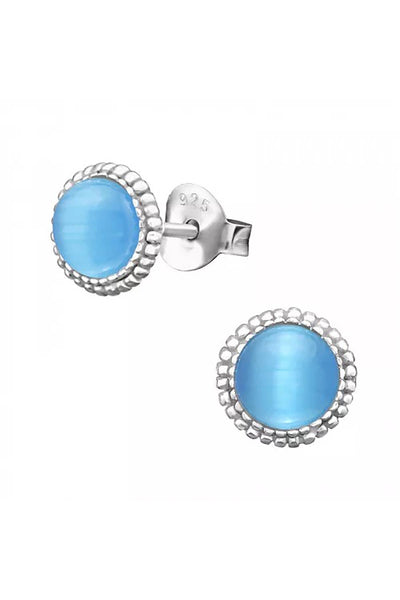 Sterling Silver Round Ear Studs With Cat Eye - SS