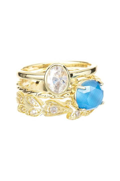 Blue Cat's Eye & CZ Stack Ring Set - GF