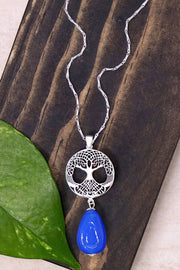 Blue Murano Glass & Tree Of Life Pendant Necklace - SF