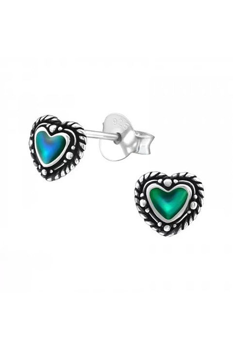 Sterling Silver Heart Ear Studs With Mood Color Epoxy - SS