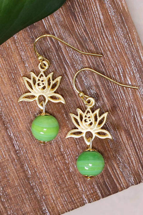 Green Murano Glass & Lotus Drop Earrings - GF