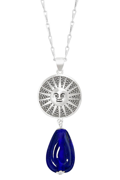 Blue Murano Glass & Aztec Sun Pendant Necklace - SF