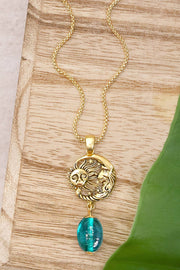 Teal Murano Glass With Sun & Moon Pendant Necklace - GF