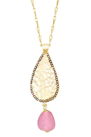 Pink Murano Glass & Hammered Teardrop Pendant Necklace - GF