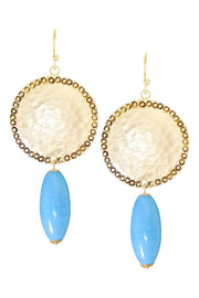 Blue Murano Glass & Hammered Coin Drop Earrings - GF