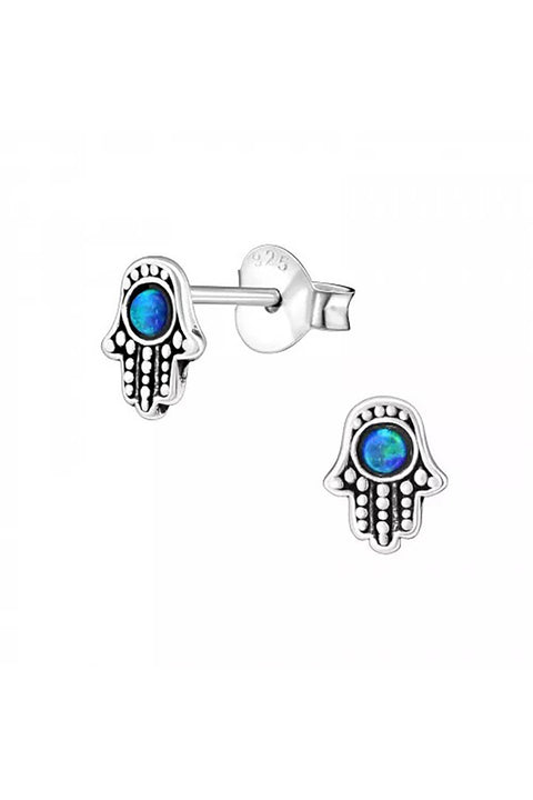 Sterling Silver Hamsa Ear Studs With Synthetic Opal - SS