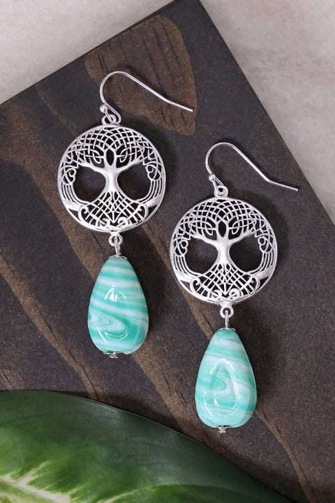 Green Murano Glass & Tree Of Life Drop Earrings - SF