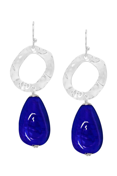 Blue Murano Glass & Hammered Hoop Drop Earrings - SF