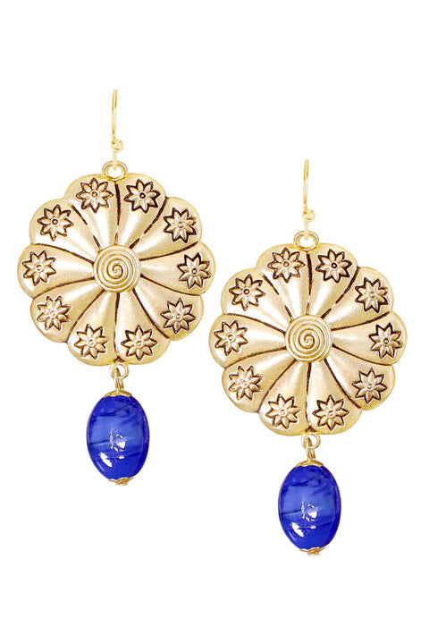 Blue Murano Glass & Hammered Floral Disc Drop Earrings - GF