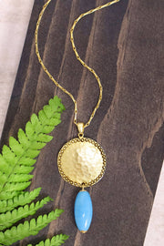 Blue Murano Glass & Hammered Coin Pendant Necklace - GF