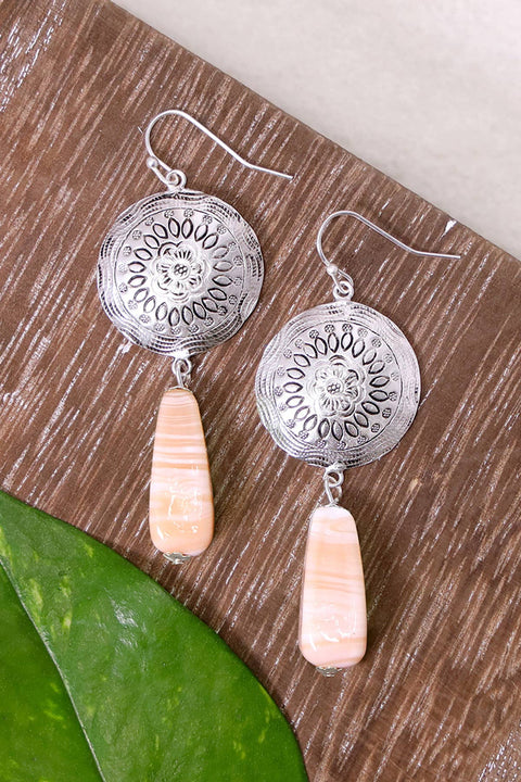 Peach Murano Glass & Floral Hammered Disc Drop Earrings - SF