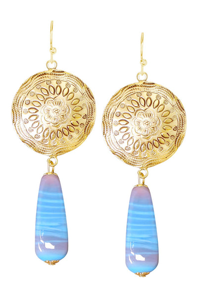 Murano Glass & Floral Hammered Disc Drop Earrings - GF