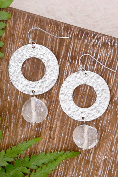 Clear Murano Glass & Hammered Circle Drop Earrings - SF