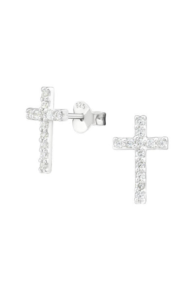 Sterling Silver Cross Ear Studs With Cubic Zirconia - SS