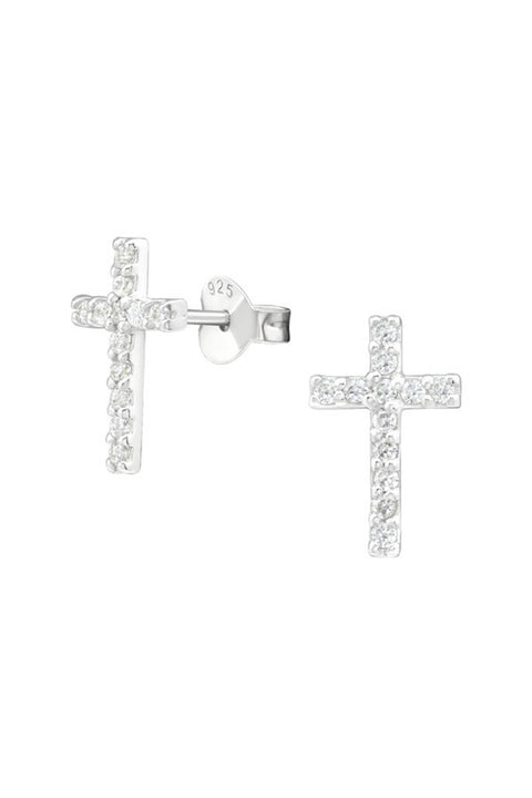 Sterling Silver Cross Ear Studs With Cubic Zirconia - SS