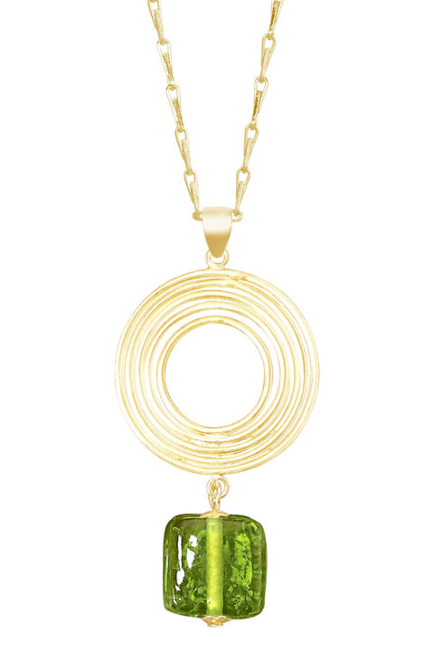 Peridot Murano Glass & Swirl Disc Pendant Necklace - GF