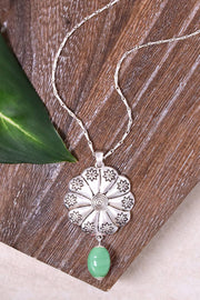 Green Murano Glass & Hammered Floral Disc Necklace - SF