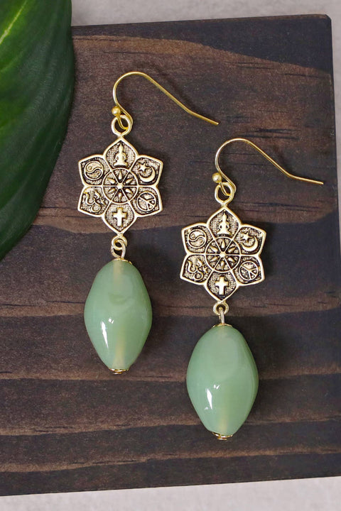 Green Murano Glass & Coexist Lotus Drop Earrings - GF