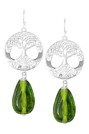 Peridot Murano Glass & Tree Of Life Drop Earrings - SF